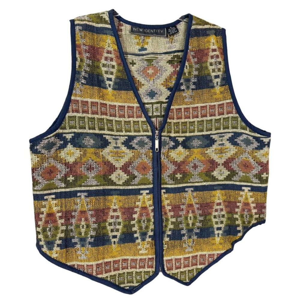 Vintage New Identity Full Zip Tapestry Vest Size XL Aztec Western Geometric